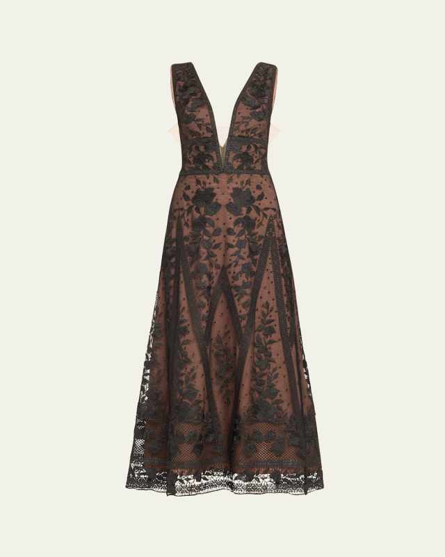 Deep V-Neck Embroidered Tulle Midi Dress